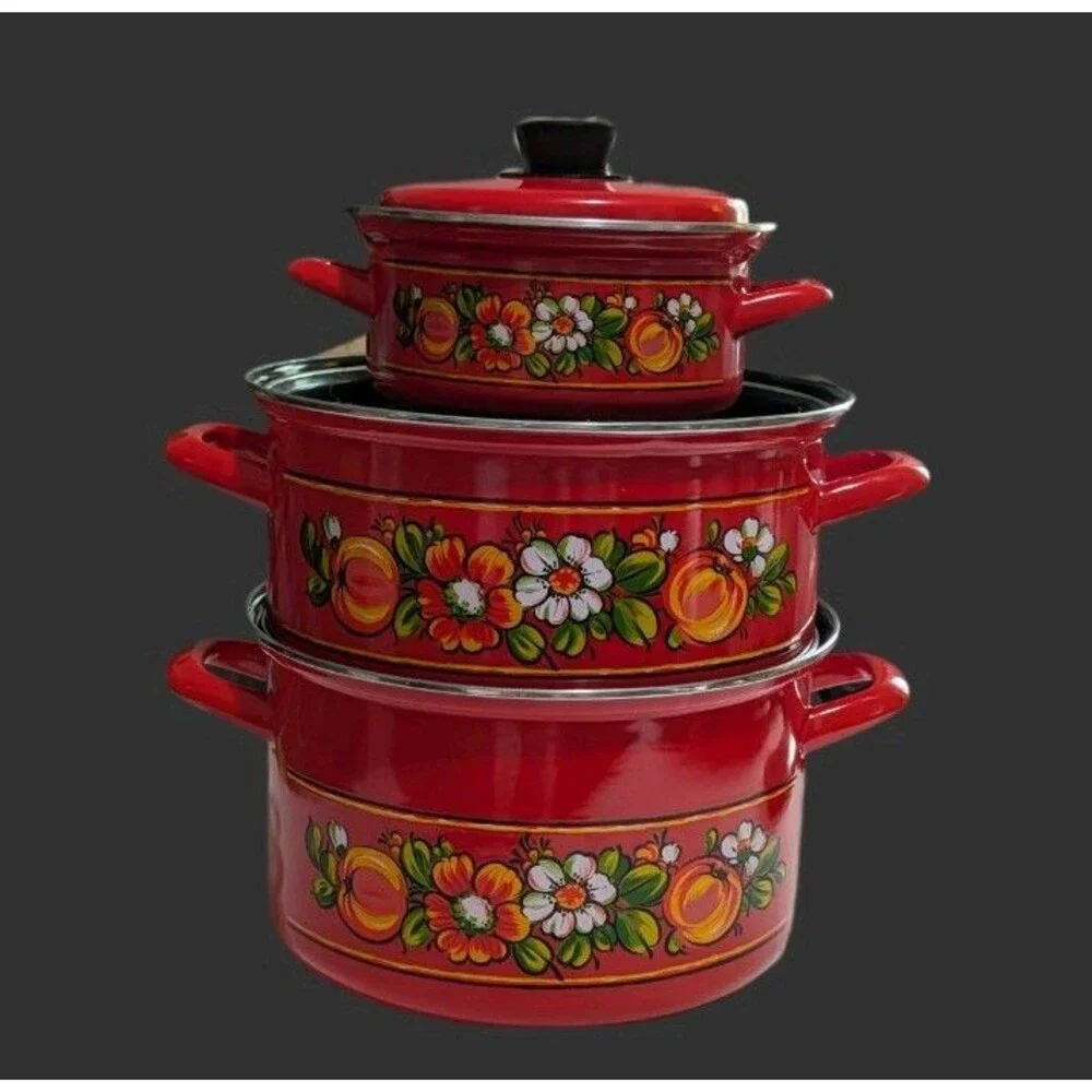 Vintage Red Enamelware Stock Pot Set 6 Pieces Retro Floral 1970s Cottagecore